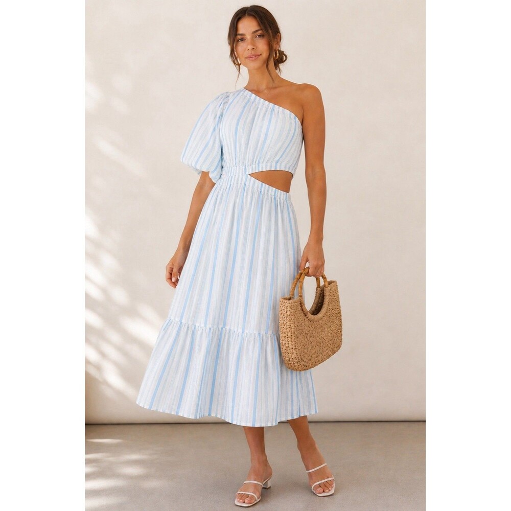 And Now This One Shoulder Cutout Dress Blue White Stripe Cotton Midi Large NWT